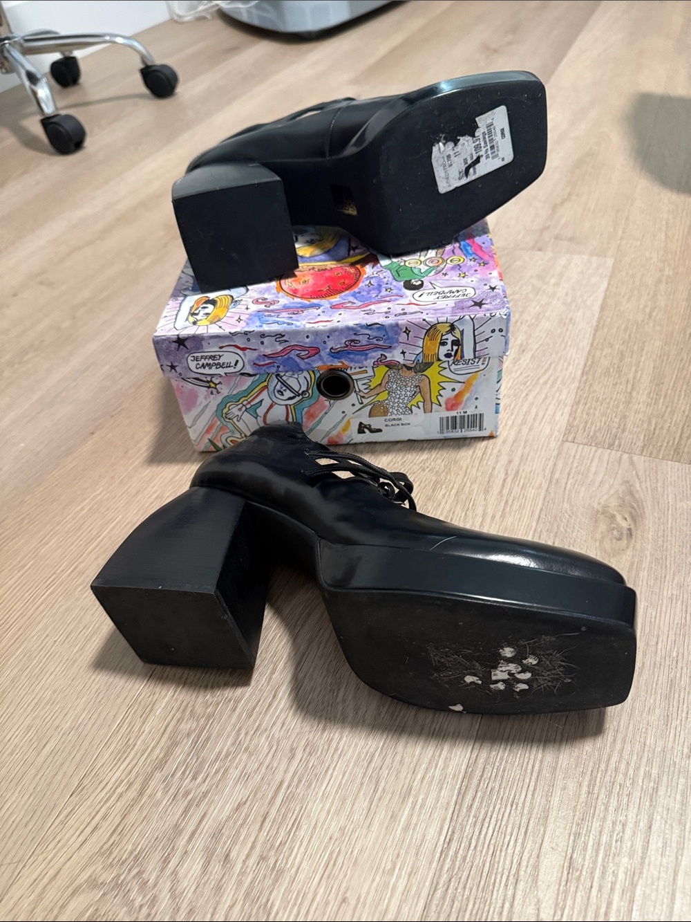 Jeffrey Campbell Black Square-Toe Double-Strap Block Heels - Picture 4 of 4